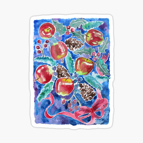 Watercolor Christmas Winter Apples Berries Fir Leaves Pinecones Sticker