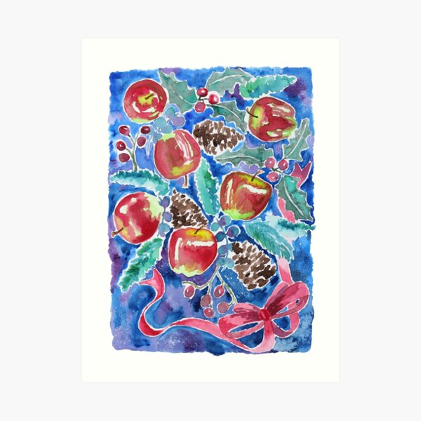 Watercolor Christmas Winter Apples Berries Fir Leaves Pinecones Art Print