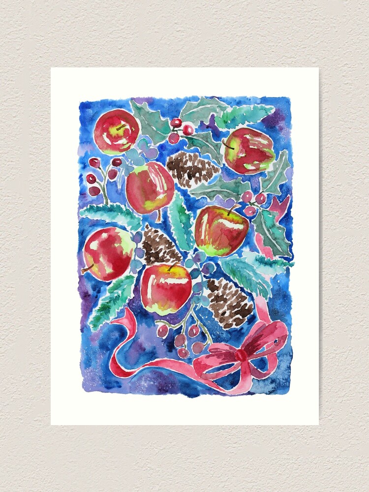 Alternate view of Watercolor Christmas Winter Apples Berries Fir Leaves Pinecones Art Print