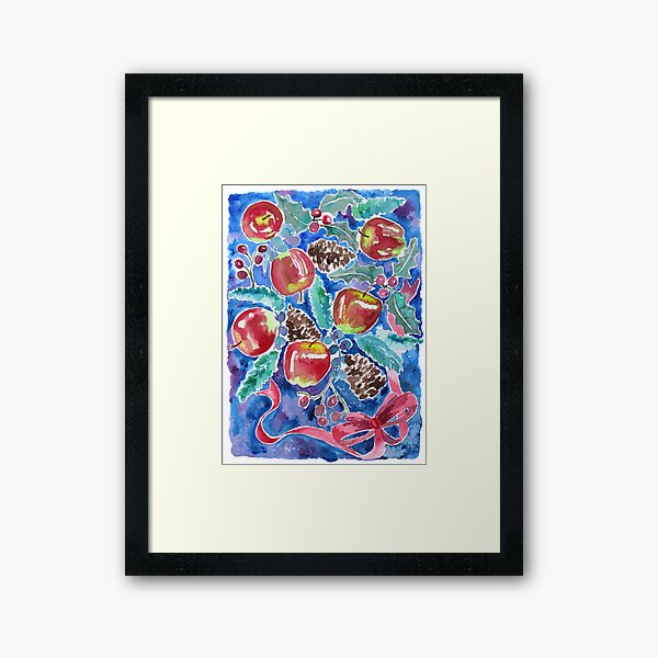 Watercolor Christmas Winter Apples Berries Fir Leaves Pinecones Framed Art Print