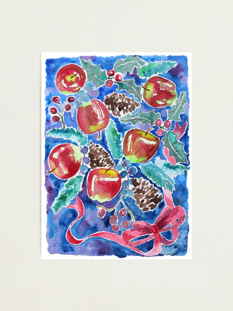 Alternate view of Watercolor Christmas Winter Apples Berries Fir Leaves Pinecones Photographic Print
