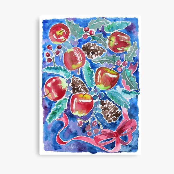 Watercolor Christmas Winter Apples Berries Fir Leaves Pinecones Canvas Print