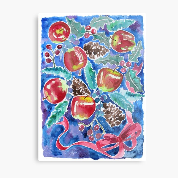 Watercolor Christmas Winter Apples Berries Fir Leaves Pinecones Metal Print