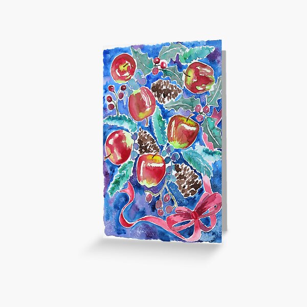 Watercolor Christmas Winter Apples Berries Fir Leaves Pinecones Greeting Card