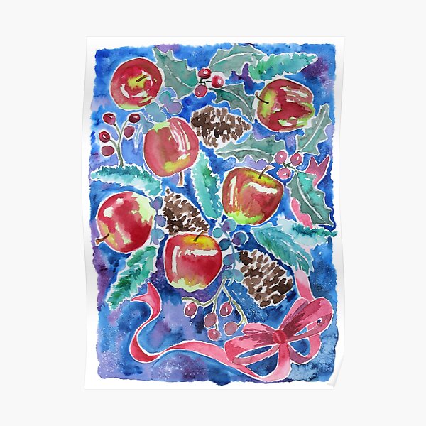 Watercolor Christmas Winter Apples Berries Fir Leaves Pinecones Poster