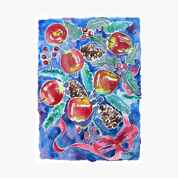 Watercolor Christmas Winter Apples Berries Fir Leaves Pinecones Photographic Print