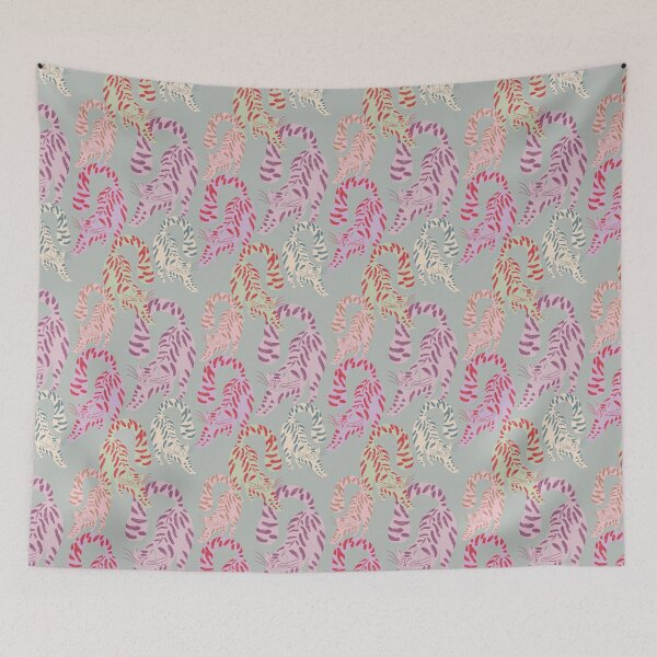 Item preview, Colorful Retro Tigers Pattern In Muted Colors Gray Teal designed and sold by scorpiolane.