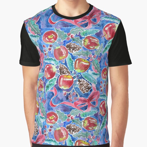 Watercolor Christmas Winter Apples Berries Fir Leaves Pinecones Graphic T-Shirt