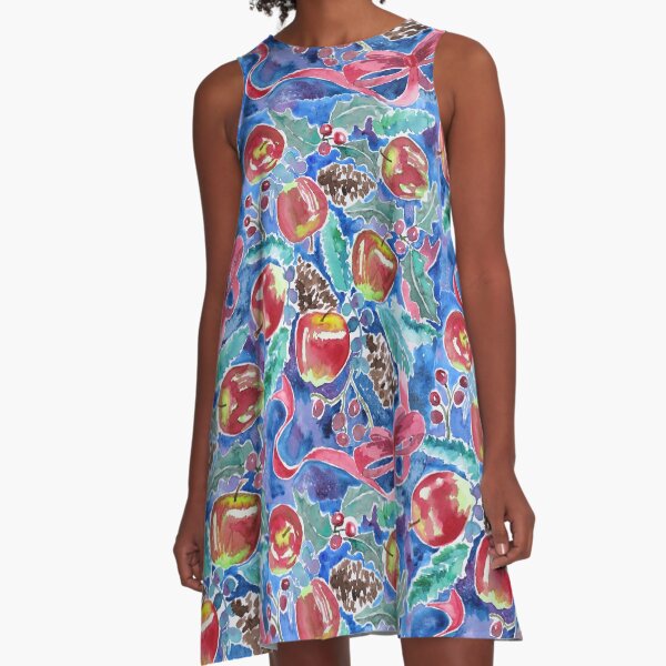 Watercolor Christmas Winter Apples Berries Fir Leaves Pinecones A-Line Dress