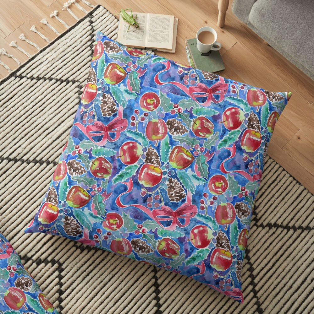 Watercolor Christmas Winter Apples Berries Fir Leaves Pinecones Floor Pillow