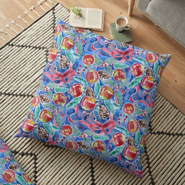 Watercolor Christmas Winter Apples Berries Fir Leaves Pinecones Floor Pillow
