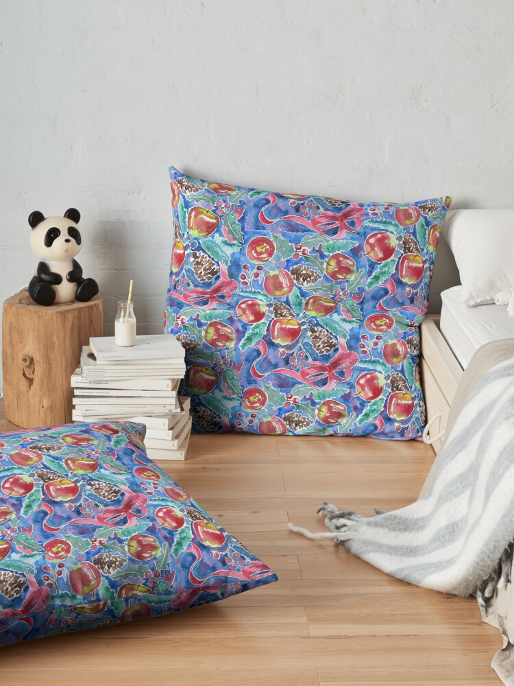 Alternate view of Watercolor Christmas Winter Apples Berries Fir Leaves Pinecones Floor Pillow