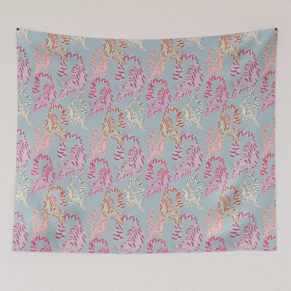 Item preview, Colorful Retro Tigers Pattern In Muted Colors Sky Blue designed and sold by scorpiolane.