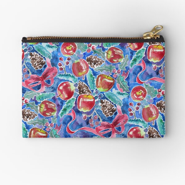 Watercolor Christmas Winter Apples Berries Fir Leaves Pinecones Zipper Pouch