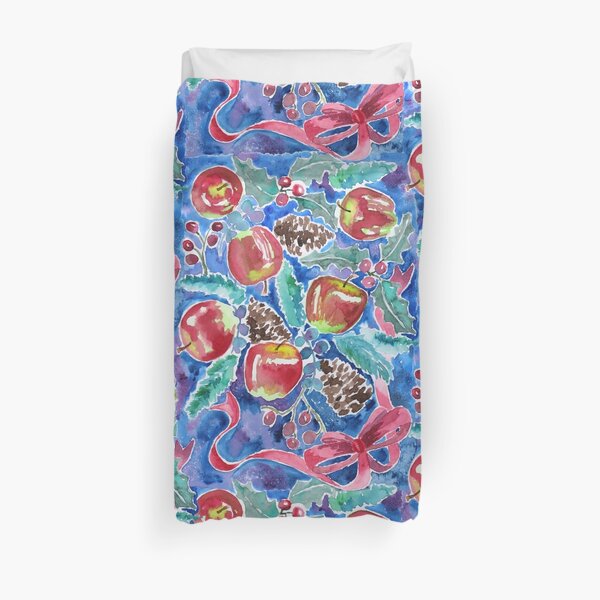 Watercolor Christmas Winter Apples Berries Fir Leaves Pinecones Duvet Cover