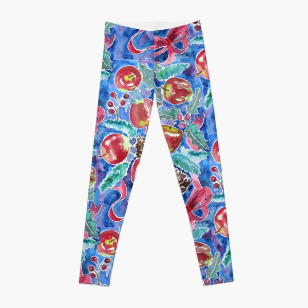 Watercolor Christmas Winter Apples Berries Fir Leaves Pinecones Leggings