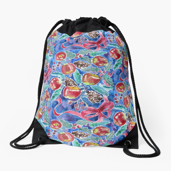 Watercolor Christmas Winter Apples Berries Fir Leaves Pinecones Drawstring Bag