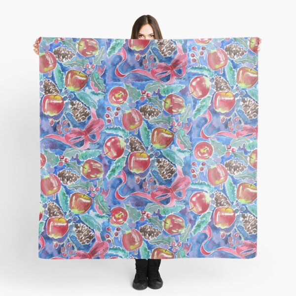 Watercolor Christmas Winter Apples Berries Fir Leaves Pinecones Scarf
