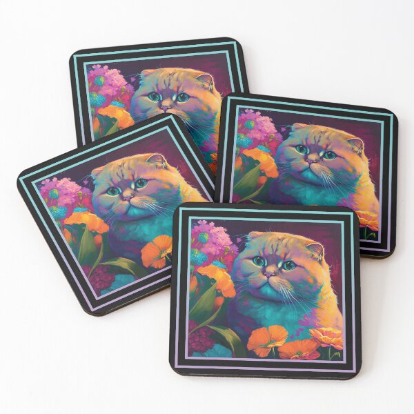 Artikelvorschau, Bescheidene Scottish Fold Katze lebendige tropische Blume digitale Ölgemälde Portrait entworfen und verkauft von arthouseflunky.