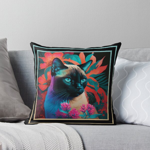 Item preview, Sneezy Siamese Cat Vibrant Tropical Flower Digital Oil Painting Portrait designed and sold by arthouseflunky.