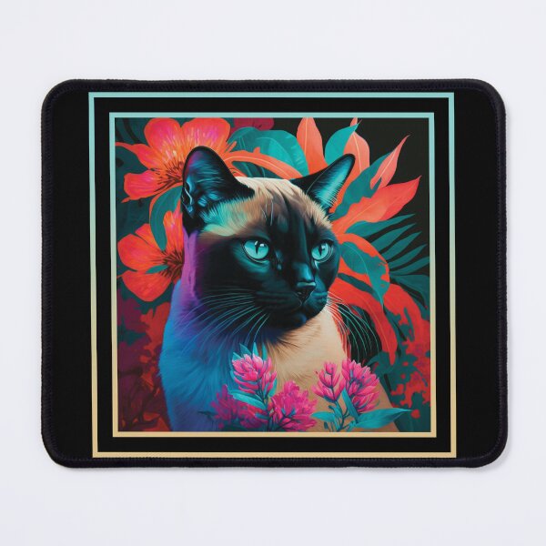 Item preview, Sneezy Siamese Cat Vibrant Tropical Flower Digital Oil Painting Portrait designed and sold by arthouseflunky.