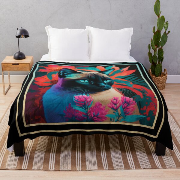 Item preview, Sneezy Siamese Cat Vibrant Tropical Flower Digital Oil Painting Portrait designed and sold by arthouseflunky.