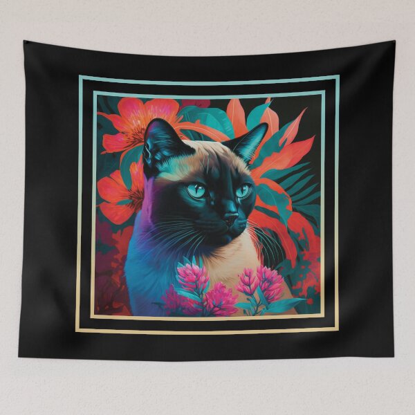 Item preview, Sneezy Siamese Cat Vibrant Tropical Flower Digital Oil Painting Portrait designed and sold by arthouseflunky.