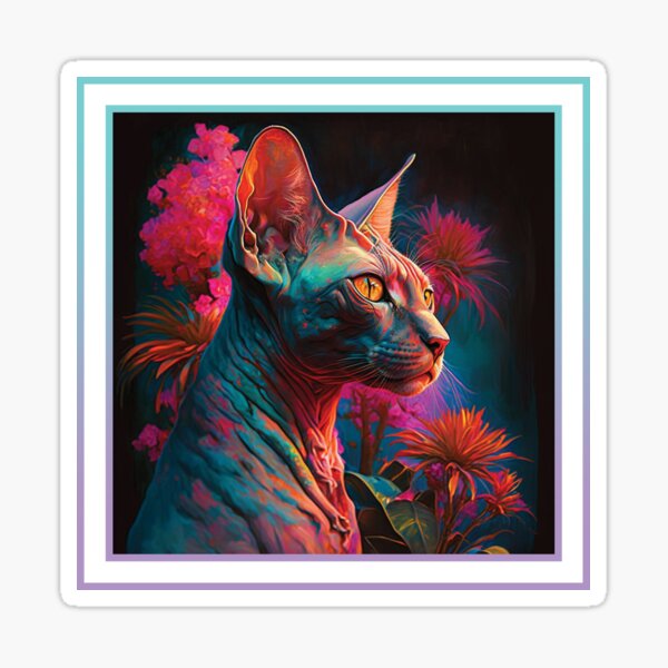 Sweet Sphynx Cat Vibrant Tropical Flower Digital Oil Painting Portrait Sticker