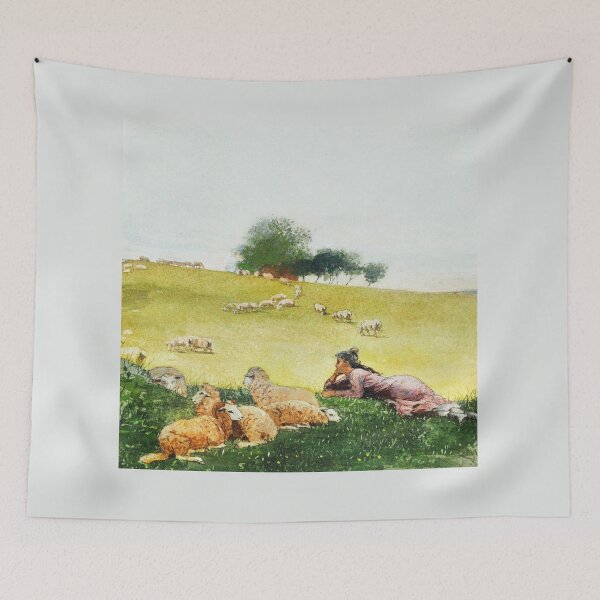 Item preview, Resting on a Hill With a Flock of Sheep designed and sold by VintageArtByIda.