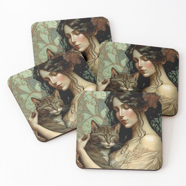 Item preview, Woman holding Cat - Art Nouveau Style designed and sold by ArtNouveauChic.