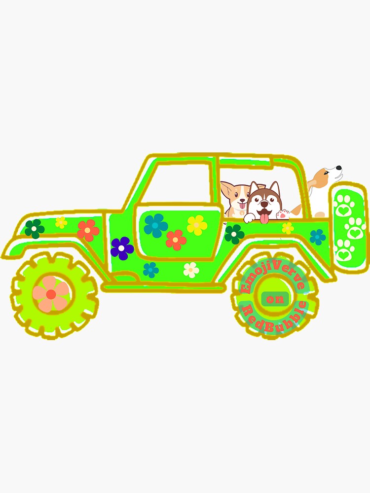 "Lime Green Jeep with Flowers and Pups Stickers and Magnets" Sticker