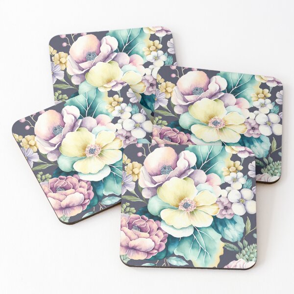 Item preview, pastel pink-purple flowers peonies pattern on dark background designed and sold by EmeraldeaArt.