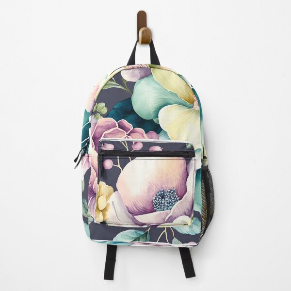 Item preview, pastel pink-purple flowers peonies pattern on dark background designed and sold by EmeraldeaArt.