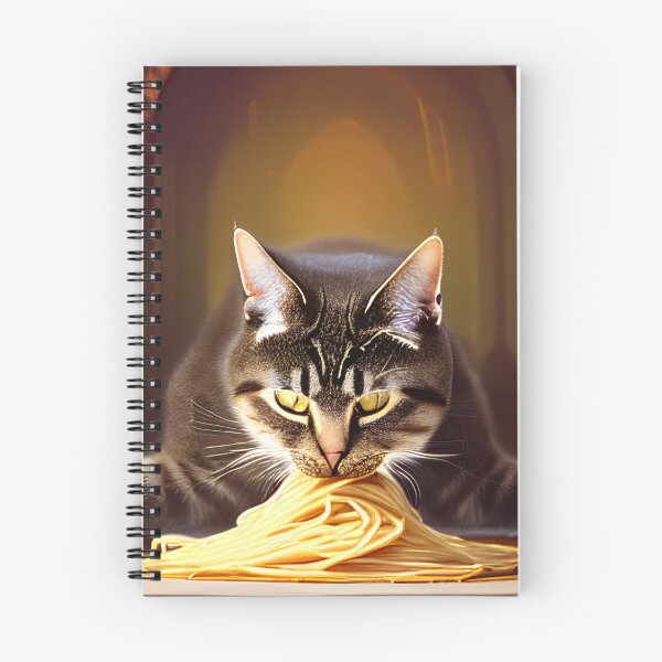 Aperçu de l'œuvre Le grand festin : un chat mange des spaghettis dans une scène majestueuse créée et vendue par Valeree Store.
