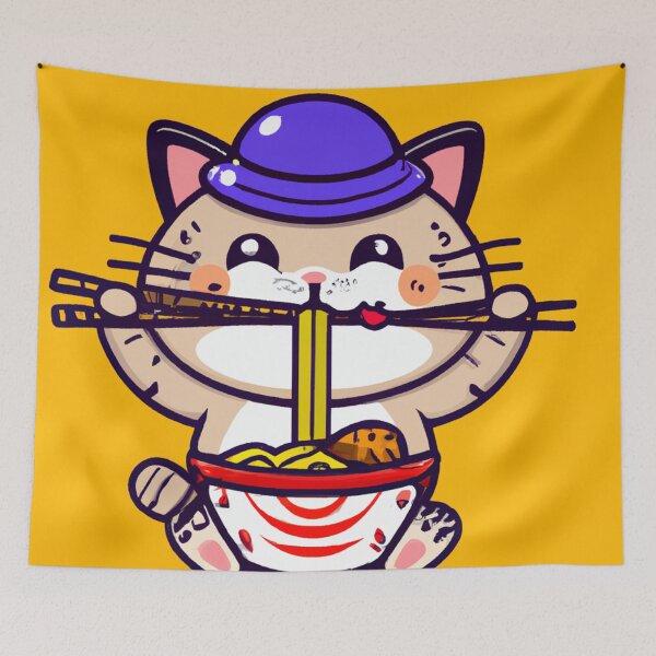 Item preview, Kawaii Cat Eating a Bowl of Ramen Noodles with Chop Sticks Wearing a Top Hat designed and sold by MoStorish.