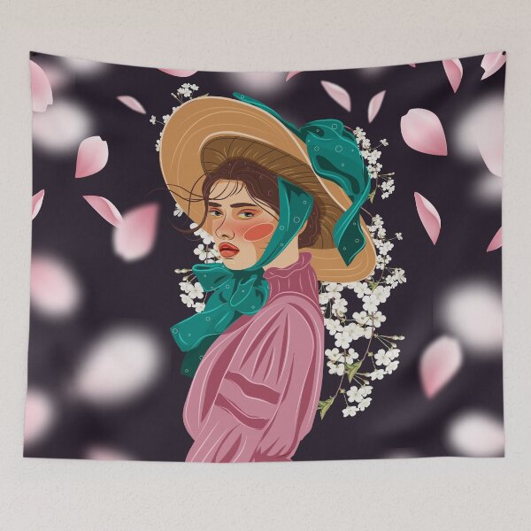 Item preview, lady rose in a retro style pink dress among falling petals designed and sold by SabinArt.