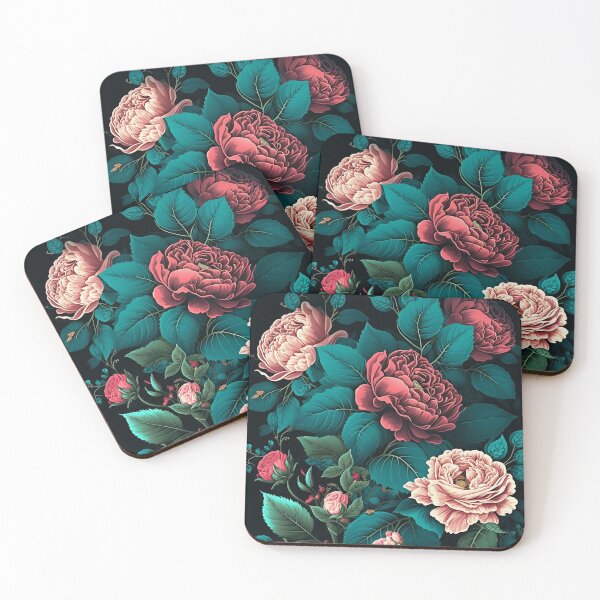Item preview, pink-purple  flowers peonies pattern on dark background designed and sold by EmeraldeaArt.