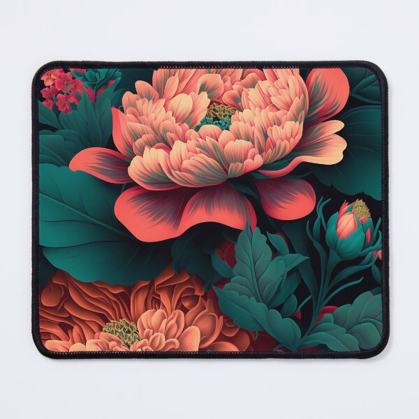Item preview, pink-reddish-purple flowers peonies pattern on dark background designed and sold by EmeraldeaArt.