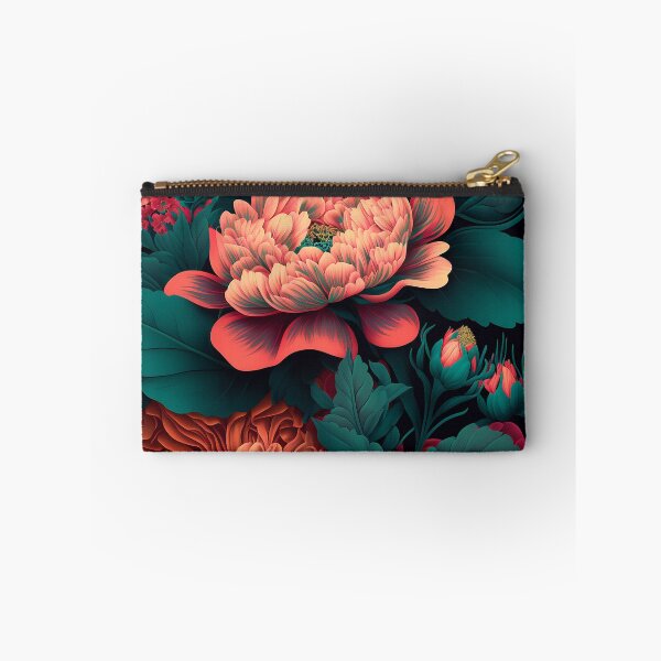 Item preview, pink-reddish-purple flowers peonies pattern on dark background designed and sold by EmeraldeaArt.