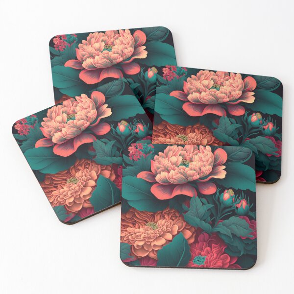 Item preview, pink-reddish-purple flowers peonies pattern on dark background designed and sold by EmeraldeaArt.