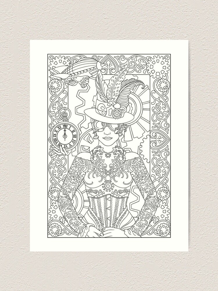 Coloring for adult: clock woman | Art Print