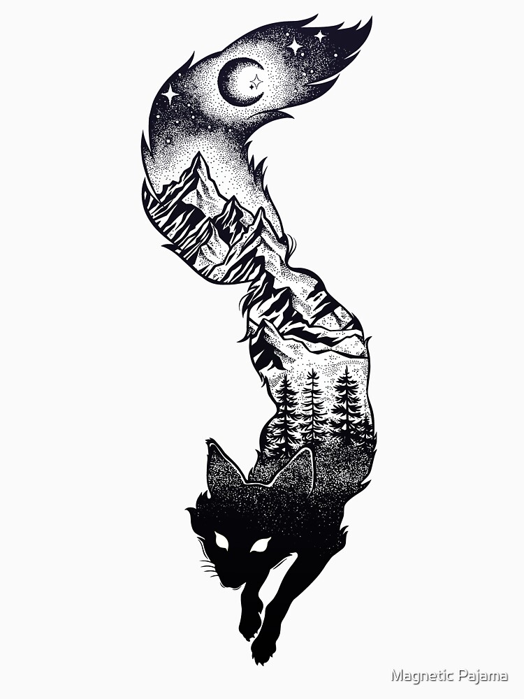 Surreal Fox Silhouette with Mountains, Tress, Moon & Stars by MagneticMama