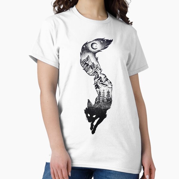 Vista previa del artículo con la obra «Silueta de zorro surrealista con montañas, árboles, luna y estrellas», diseñado y vendido por Magnetic Pajama.