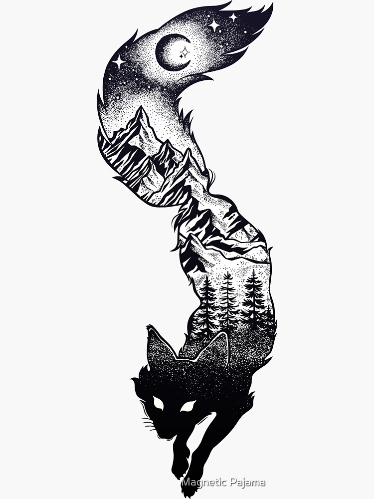 Surreal Fox Silhouette with Mountains, Tress, Moon & Stars by MagneticMama
