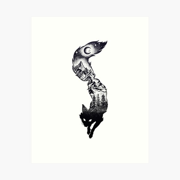Surreal Fox Silhouette with Mountains, Tress, Moon & Stars Art Print