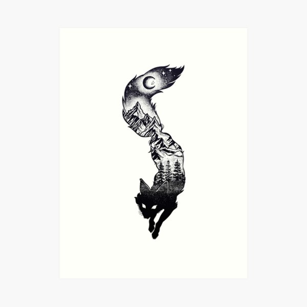Surreal Fox Silhouette with Mountains, Tress, Moon & Stars Art Print