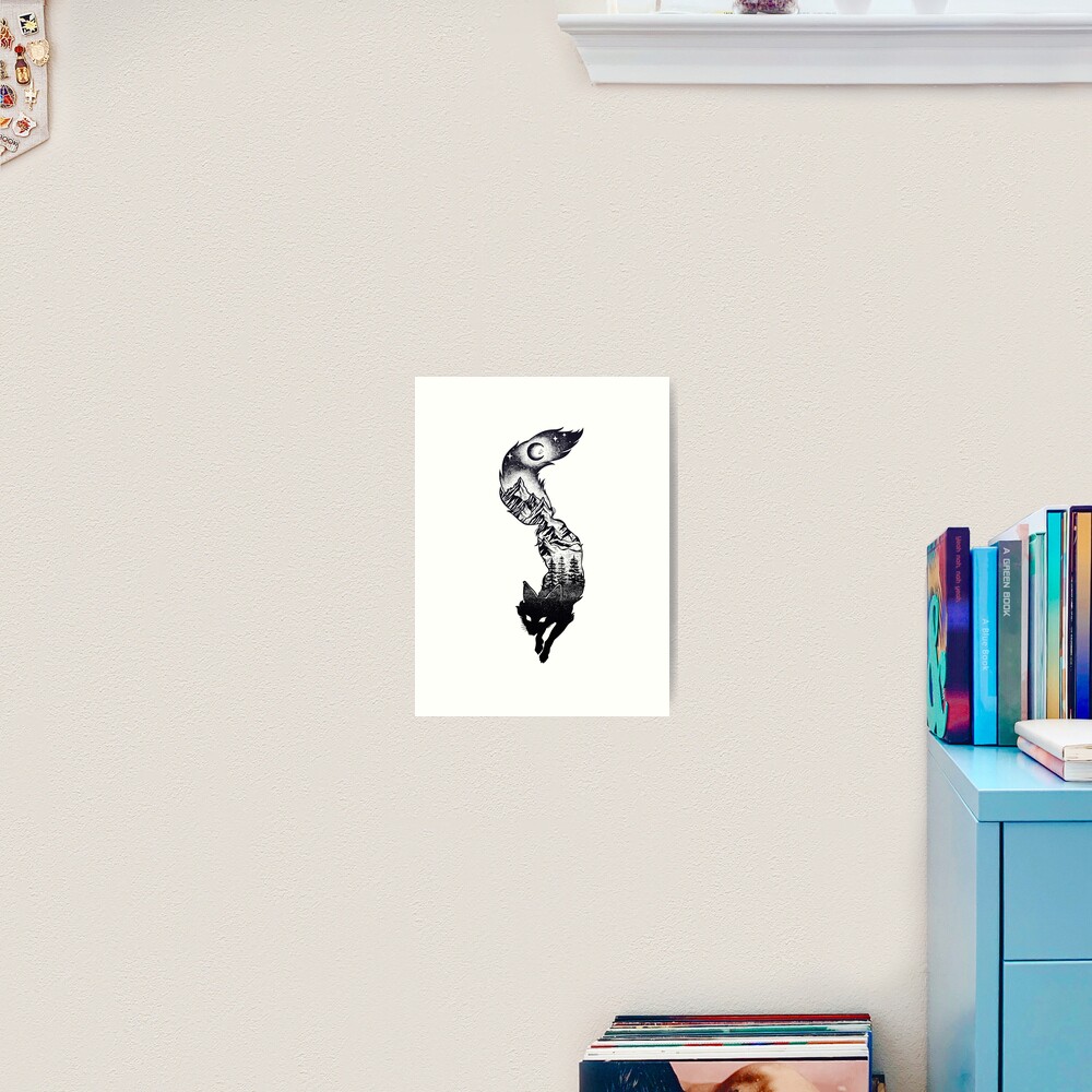Surreal Fox Silhouette with Mountains, Tress, Moon & Stars Art Print
