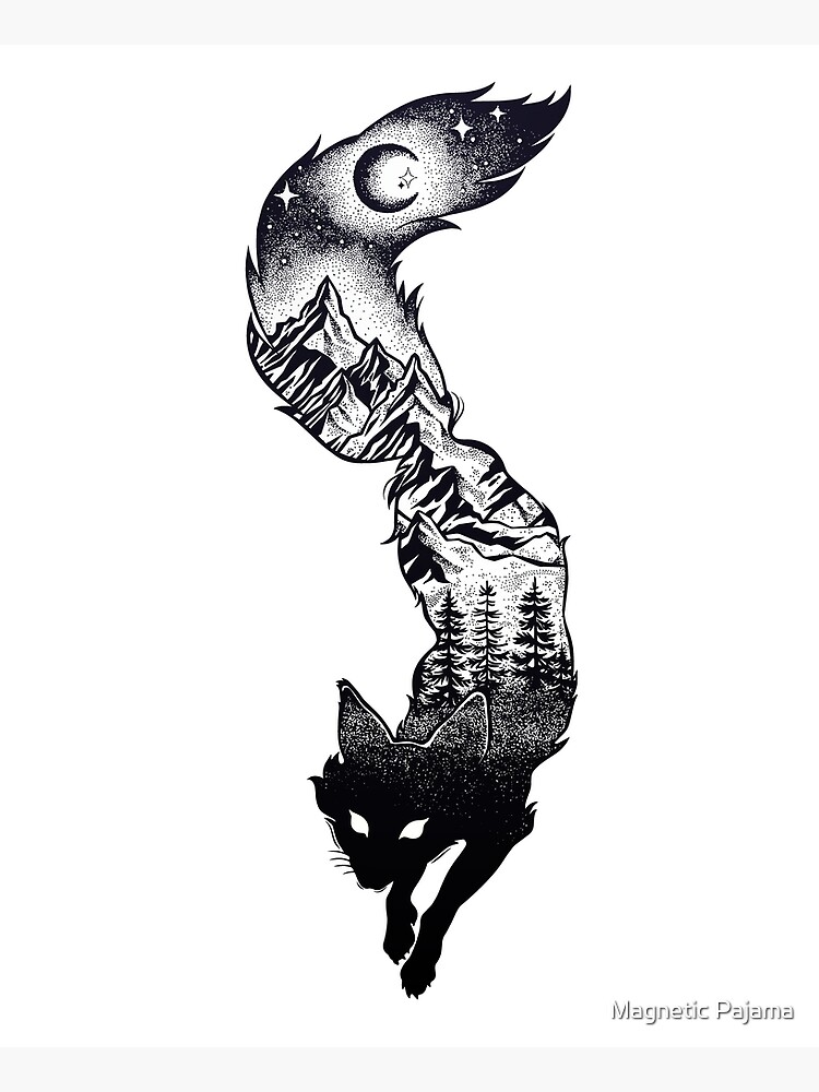Surreal Fox Silhouette with Mountains, Tress, Moon & Stars by MagneticMama