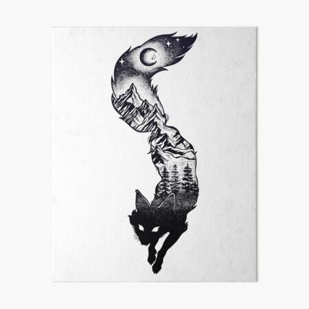 Surreal Fox Silhouette with Mountains, Tress, Moon & Stars Art Board Print