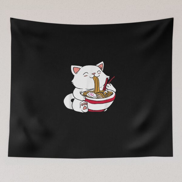 Aperçu de l'œuvre Chat Kawaii mangeant des nouilles Ramen nourriture japonaise Anime T-shirt créée et vendue par Larcossee ⭐⭐⭐⭐⭐.